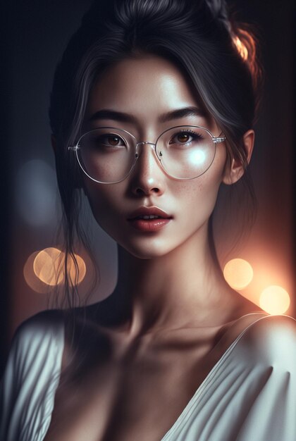 portrait jeune femme, modèle avec des lunettes, vêtue d'une robe de nuit en soie transparente blanche