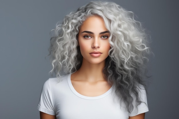 Portrait d'une jeune femme multiculturelle aux cheveux blancs bouclés dans une photo de studio