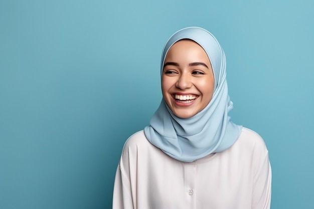 Portrait d'une jeune femme musulmane asiatique portant un hijab bleu et une chemise blanche isolée sur un fond bleu
