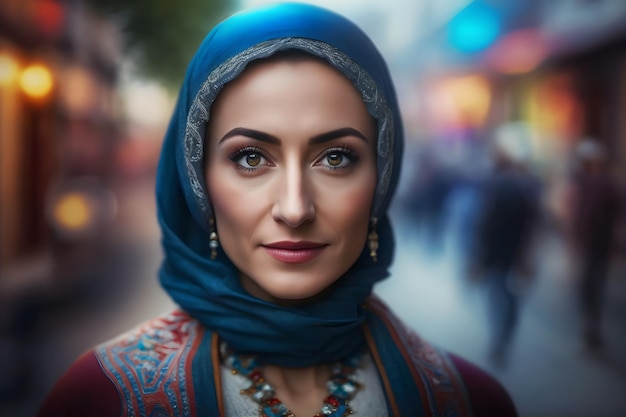 Portrait de jeune femme musulmane portant le réseau de neurones de la tête du hijab généré par ai