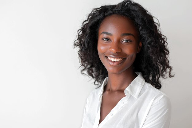 Photo portrait d'une jeune femme noire attrayante souriante sur un fond blanc isolé