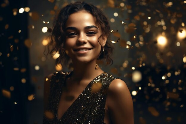 Portrait de jeune femme noire entourée de confettis dorés à la fête AI générative