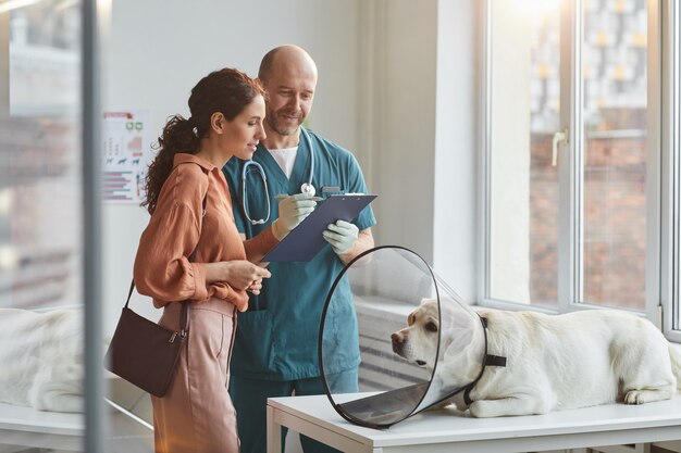 Portrait d'une jeune femme parlant au vétérinaire d'une clinique vétérinaire avec un chien portant un collier de protection à la table d'examen, espace pour copie