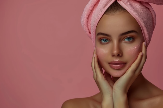 Portrait d'une jeune femme à la peau brillante portant une serviette sur la tête sur un fond rose