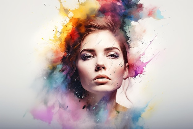 Portrait de jeune femme en peinture couleur pluie comme IA générative aquarelle