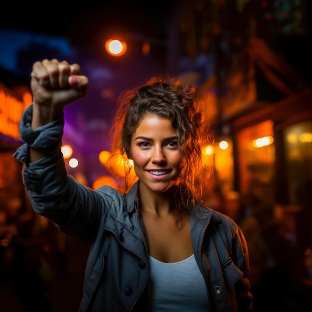 Portrait d'une jeune femme avec un poing levé de solidarité et de la lutte des femmes pour leurs droits