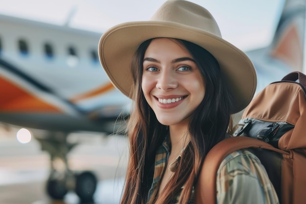 Portrait d'une jeune femme sur le point de monter à bord d'un vol pour des vacances d'été