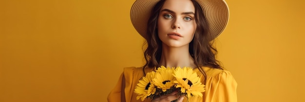 Portrait d'une jeune femme portant un chapeau et tenant des fleurs dans ses mains sur fond jaune