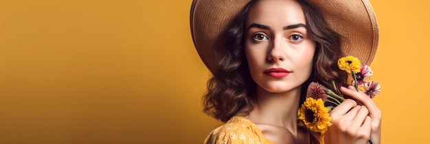 Portrait d'une jeune femme portant un chapeau et tenant des fleurs dans ses mains sur fond jaune