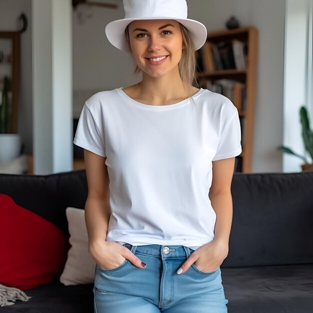 Photo portrait d'une jeune femme portant une chemise blanche assise dans une pièce