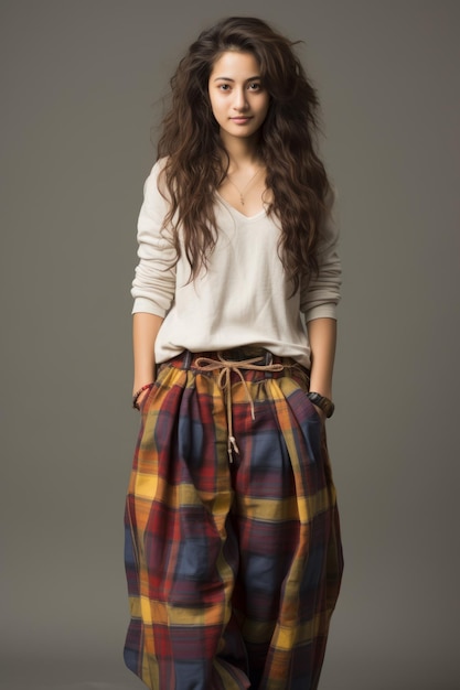 Portrait d'une jeune femme portant une chemise blanche et un pantalon coloré