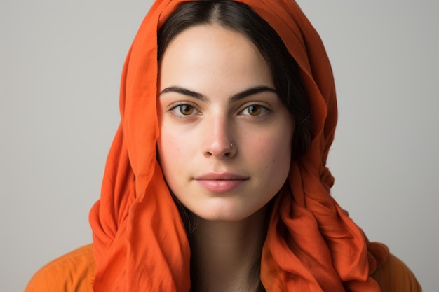 Portrait d'une jeune femme portant un foulard orange