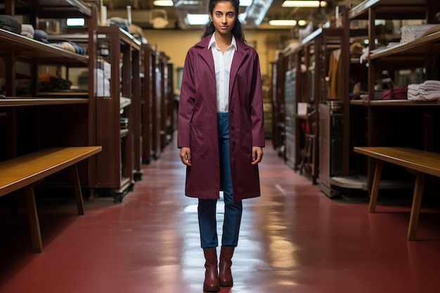 Portrait d'une jeune femme portant un manteau de laboratoire marron dans un entrepôt