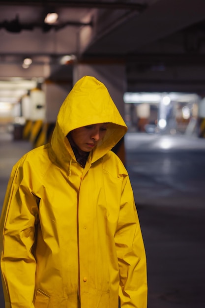 portrait, de, a, jeune femme, porter, a, imperméable, dans, parking