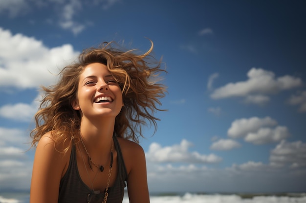 Portrait d'une jeune femme qui rit avec ses cheveux sur la plage Image générée par l'IA