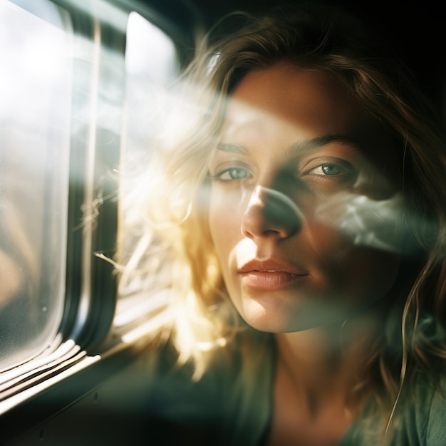 Portrait d'une jeune femme regardant par la fenêtre d'un train