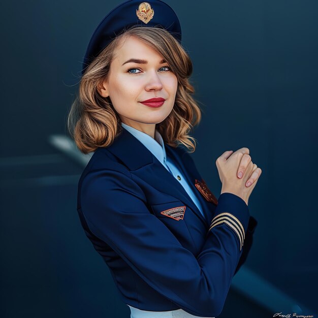 Photo portrait d'une jeune femme en robe de pilote sous une lumière au néon ia générative