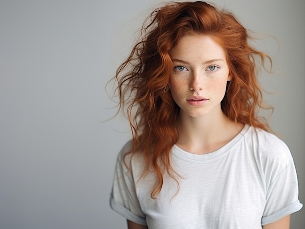 Portrait jeune femme rousse aux cheveux longs ondulés isolée sur fond blanc ai générative