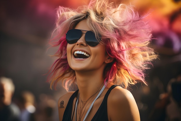 Portrait d'une jeune femme s'amusant lors d'un concert d'un festival de musique d'été