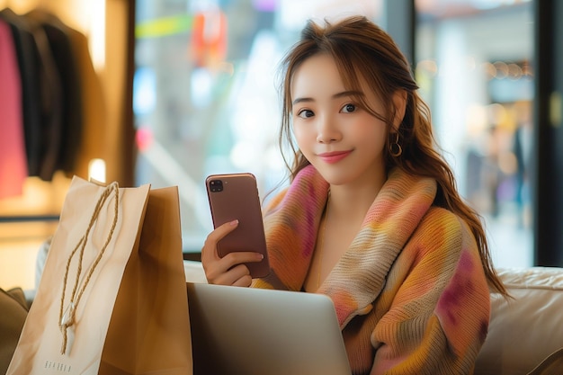 Portrait d'une jeune femme avec un sac à courses et une carte de crédit