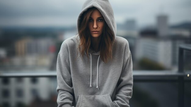 Photo portrait d'une jeune femme sérieuse portant un capuchon gris regardant la caméra avec sa main dans sa poche