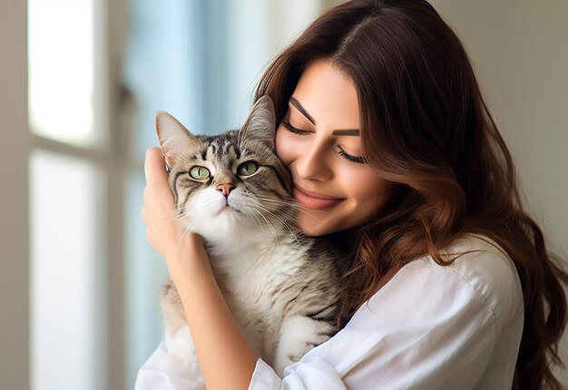 Portrait d'une jeune femme avec son mignon chat à la maison