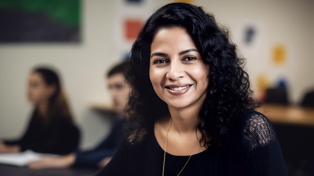 Portrait d'une jeune femme souriante aux cheveux bouclés regardant la caméra au café Generative AI