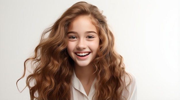 Portrait d'une jeune femme souriante aux longs cheveux bruns