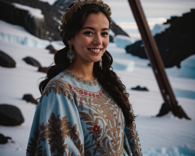 Photo portrait d'une jeune femme souriante à la caméra devant des icebergs