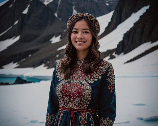 Portrait d'une jeune femme souriante à la caméra devant des icebergs