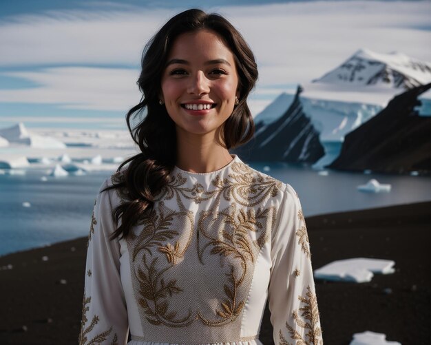 Photo portrait d'une jeune femme souriante à la caméra devant des icebergs