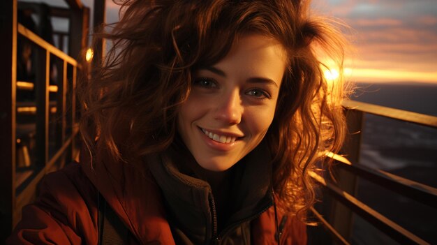 Portrait d'une jeune femme souriante en chapeau et manteau sur le pont au coucher du soleil