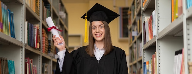 Photo portrait d'une jeune femme souriante dans la bibliothèque