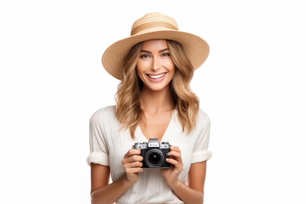 Portrait d'une jeune femme souriante dans un chapeau d'été debout avec une caméra photo
