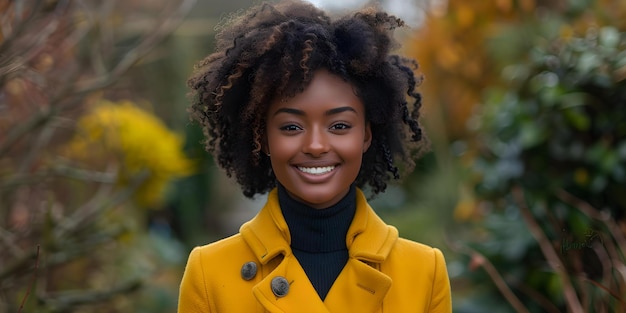 Portrait d'une jeune femme souriante dans un manteau jaune vif Outdoors Concept séance photo en plein air Portraits joyeux accessoires colorés