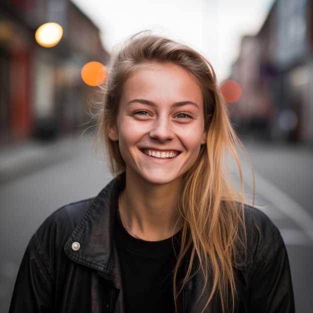 portrait d'une jeune femme souriante dans une rue de la ville