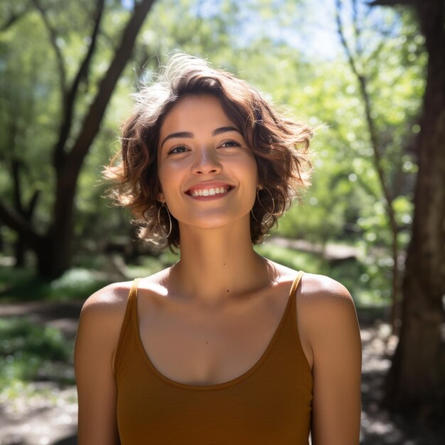 Portrait d'une jeune femme souriante dans un tank top brun debout dans une forêt