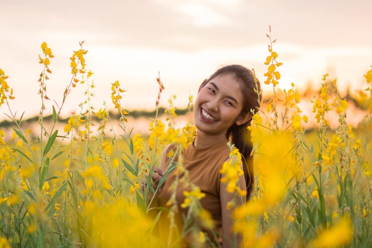 Photo portrait d'une jeune femme souriante debout sur un viol de graines d'huile au coucher du soleil
