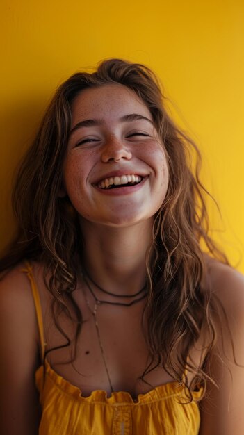 Portrait d'une jeune femme souriante sur un fond jaune