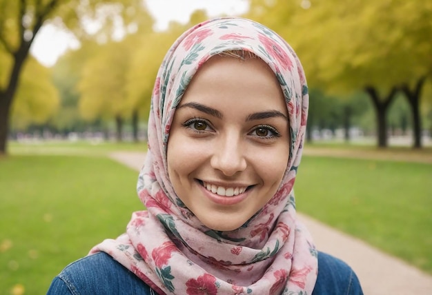 Portrait d'une jeune femme souriante en hijab floral Diversité culturelle dans un parc urbain Journée mondiale des réfugiés