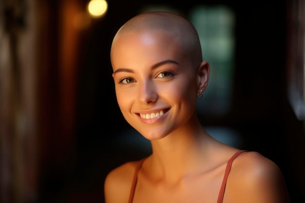 Portrait d'une jeune femme souriante et joyeuse, glabre après avoir lutté contre l'oncologie Heureuse jeune femme chauve malade atteinte d'un cancer se sentant positive et optimiste avec la guérison et la rémission générées par l'IA