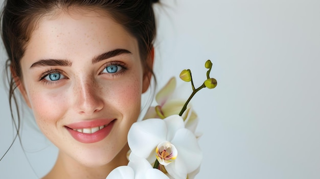 Portrait d'une jeune femme souriante avec une orchidée blanche style de beauté naturelle fraîche parfait pour le bien-être et les cosmétiques IA