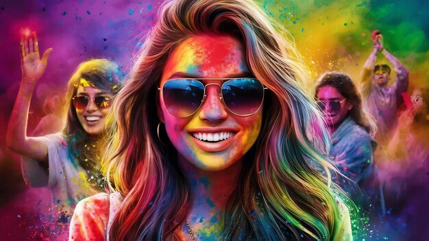 Photo portrait d'une jeune femme souriante portant des lunettes de soleil en couleur holi