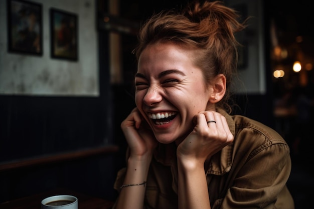 Portrait d'une jeune femme souriante et riant dans un café créé avec une IA générative