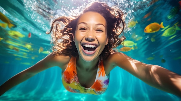 Photo portrait d'une jeune femme souriante sous l'eau dans le concept de vacances en piscine