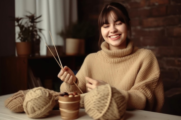 Portrait d'une jeune femme souriante tricotant un pull à la maison créé avec une IA générative