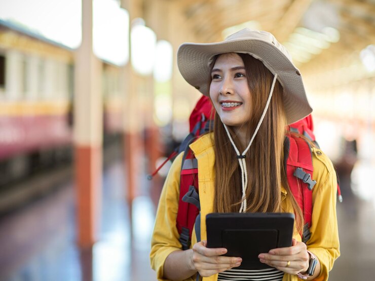 Photo portrait d'une jeune femme souriante utilisant un téléphone portable à l'extérieur
