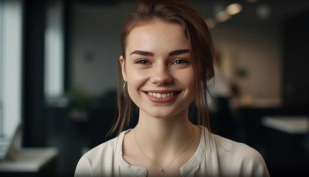 Portrait de jeune femme avec un sourire parfait regarde la caméra