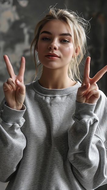 Photo portrait d'une jeune femme en t-shirt gris à manches pleines sur un fond propre montrant l'ia générative de vsign