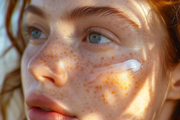 Portrait d'une jeune femme avec des taches de rousseur appliquant de la crème solaire sur sa joue sous la lumière naturelle